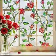 ALIUNI Stained Glass Window Film, Window Privacy Film Frosted Faux 3D Floral Decorative Static Cling Heat Blocking Window Tint, Rose, 23.6" x 35.4"