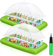 Leitee Inflatable Serving Bar Kit Includes Salad Buffet Tray with Drain Plug Mesh Food Cover Food Drink Containers and Inflator for Ice Supplies Summer Party Camping Picnic(Green)