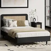 Oikiture Single Bed Frame with Rattan Headboard Plywood Slats Bed Base Black