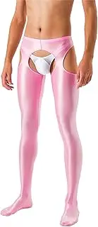 [Bciopll] Mens Solid Color Cutout Crotchless Pantyhose Glossy Mid Waist Slim Fit Tights Leggings Elastic Waistband Skinny Pants Leggings