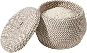 Rope Storage Basket - Lidded Table Organizer, Woven Home Box, Decorative Round Container | Compact Storage Unit Design, Functional Catchall Holder Use Toys, Makeup, Napkins, Towels, Snacks, Sundries