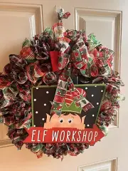 Christmas Elf Workshop Plaid Handmade Wreath Indoor Outdoor Deco Mesh
