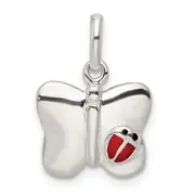 Sterling Silver Polished Enameled Butterfly W/Ladybug Pendant