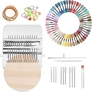 Ainiv 14 Hooks Darning Mini Loom Machine with 50 Colors Darning Threads, Wooden Weaving Frame Loom for Beginners Quickly Mending Loom, Hand Craft DIY Weaving Repair Tool for Jeans, Socks and Clothes