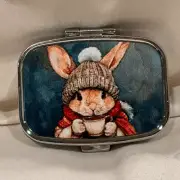 Bunny with Mug Travel Pill Box 2 Compartment Decorative Medicine Case Metal NEW