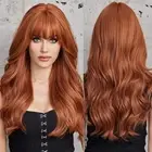 Orange Brown Long Wigs for Women, Natural Wavy wig with Bangs Heat Resistant ...