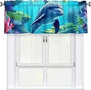 LHBWCVN Ocean Underwater Dolphin Fish Valances for Windows, Rod Pocket Window Treatment Drapes Farmhouse Kitchen Curtains Short Blackout Window Curtains for Living Room Bedroom Decor 54x18 Inch