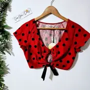 NWT Urban Outfitters Red & Black Polka Dot Crop Top With Tie Front sz S ~SS52.5