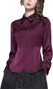 [Generic] Vintage Embroidered Women Satin Blouse Long Sleeve Turn-Down Collar Button Down Slim Casual Tops