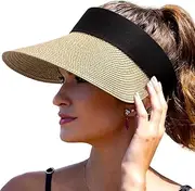 [Lvaiz] Straw Sun Visor Hats for Women Wide Brim Roll-up Foldable Beach Visors Cap Summer UV Protection