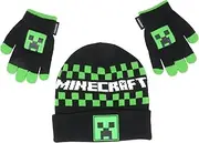 [Mad Engine] Minecraft Checkered Logo Creeper Kids Beanie Hat Cap and Gloves Set New Black, Black, Medium