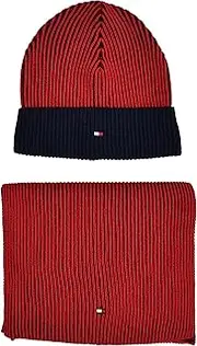 [Tommy Hilfiger] Set Scarf Knitted Hat Gift Box Cotton Cashmere Red Blue, multicoloured, One Size