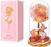 WSQCRDXW LED Lighted Glass Dome with Pink Floral Arrangement, Wooden Base, 3D Flower Tree Display