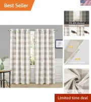 Woven Plaid Grommet Curtains - Noise-Reducing Thermal Drapes in Taupe - 2 Panels