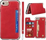 Cavor for iPhone SE 2020/ SE 2022 Case,for iPhone 6/6s Case,iPhone 7/8 Case,Leather Stand Cover Card Slots Back Case with Buttons Closure & Wristlet Strap for iPhone SE 2020/6/6S/7/8-Red