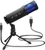 JOVIAL Pyle USB PC Recording Condenser Microphone, Portable Pro Audio Condenser Desk Mic, Blue LED, Adjustable Gain, Headphone Jack, Mute Control, Tripod Stand, for Podcast Streaming Gaming