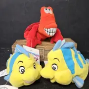 3 Disney Store Little Mermaid Characters Flounder & Sebastian Beanie Plush NWT!