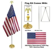 8ft Silver Indoor Pole with American Made USA Embroidered Flag Kit