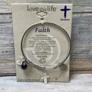 NWT "Love This Life" Expandable Silver Tone Charm Bracelet "Faith & Believe"