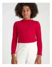 [Tilii] Long Sleeve Rib Funnel Neck Top in Red