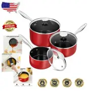 3-Piece Red Ceramic Saucepan Set with Stainless Steel Handles - Non-Toxic
