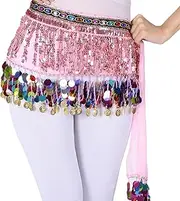 [Qinlenyan] Belly Dance Skirt Sequin Tassel Hip Scarf Tie Up Adjustable Sparkly Belly Dance Skirt for Stage Performance,Party