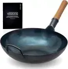 YOSUKATA Flat Bottom Wok Pan - 34 cm/13.5" Blue Carbon Steel Wok- Preseasoned...
