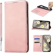 [LANJLM] Google Pixel 8A Case with Wrist Strap PU Leather Pixel 8A Wallet Case Card Holder Shockproof Google 8 A Flip Cover - Rose Gold