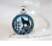 WOLF MOON NIGHT HOWL TREE charm pendant 20" Sterling 925 Silver plated necklace