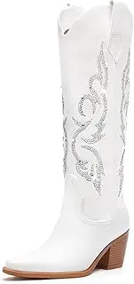 [Platikly] Cowboy Boots for Women - Mid Calf Cowgirl Boots with Embroidery, Pointed Toe Chunky Heel Retro Western Booties for Party and Outdoors