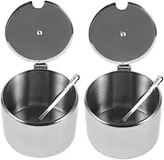GANAZONO 2 Pack Round Stainless Steel Condiment Jars Spoon Modern Kitchen Seasoning Containers