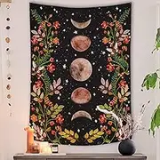 Moonlit Garden Tapestry, Moon Phase Surrounded by Vines and Flowers Black Wall Decor Tapestry 36×48 inches