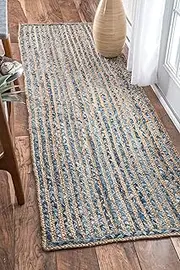 [Aizza Trends] Indian Handmade Braided Natural Jute with Denim Cotton Area Rug- Jute Rug- Dining Room- Living Room Size - 2.6 x 5 Feet (78 cm x 150 cm)