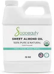Soapeauty Sweet Almond Oil Cold Pressed Refined USDA Organic | 100% Pure Sweet Almond oil Available in Bulk | Carrier for Essential Oils, Almond oil for Skin, Face, and Hair, Soap Making | 32 fl oz