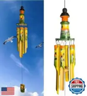 Lighthouse Tropical Bamboo Windchime – Colorful Palm Tree Sunset with Dolphin