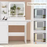 Dressing Table LED Makeup Mirror Stool Set Vanity Desk w/Large LED Mirror White