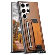 H13 For Samsung Galaxy S23 Ultra Card Holder Phone Cover Leather Coated Shell Case with Hand Strap