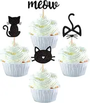 SYKYCTCY 24 Pack Cat and Meow Cupcake Toppers Black Glitter Kitten Cat Cupcake Food Picks Cat Lover Kitten Theme Baby Shower Kids Birthday Wedding Party Cake Decorations Supplies