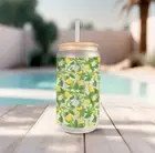 Lemon Tree Frosted Glass Can With Bamboo Lid & Straw 16 Oz Glass Cup by Mugzan