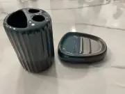 Two-Tone Blue Green And Light Black Modern Toothbrush Holder & Soap Dish NEW
