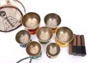 Natural Singing Bowl Set of 7 - Seven Chakra Design Bowls Set - Tingsha -Nepal