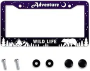 Adventure License Plate Frame, Mountains Forest Bear License Plate Holder Cover, Metal Aluminum Rustproof Car Accessories for Men Women 2 Holes with Screw Caps