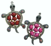 Two Turtle Tortoise Pendants Charms Pink & Orange Faceted Faux Stone Ctr Silver