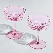 Khen Flower Champagne Glasses Set of 2 – Iridescent 7oz Floral Cocktail Coupes, Elegant Martini, Prosecco & Mimosa Glassware, Perfect for Weddings, Birthdays & Special Occasions (Pink)