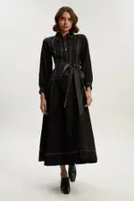 Premium Linen Twill Topstitch Woven Maxi Dress