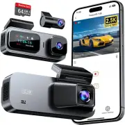 3 Channel 5Ghz Wifi Dash Cam with 64GB Card, 2.5K+1080P Dash Cam Front and Rear/