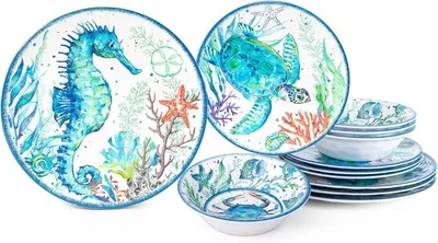 LEHAHA 12-Piece Melamine Beach Dinnerware Set, Coastal Plates and Ocean Life