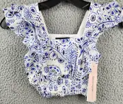 AQUA Flutter Sleeve Top Girls XXS 4/5 Blue/White Square Neck Smocked Hem