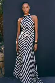 Mono Fluid Stripe Cotton Mix Woven Maxi Halter Dress