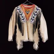 Native American Northern Plains Suede Fringe, Beaded Pow Wow Regalia War Shirt